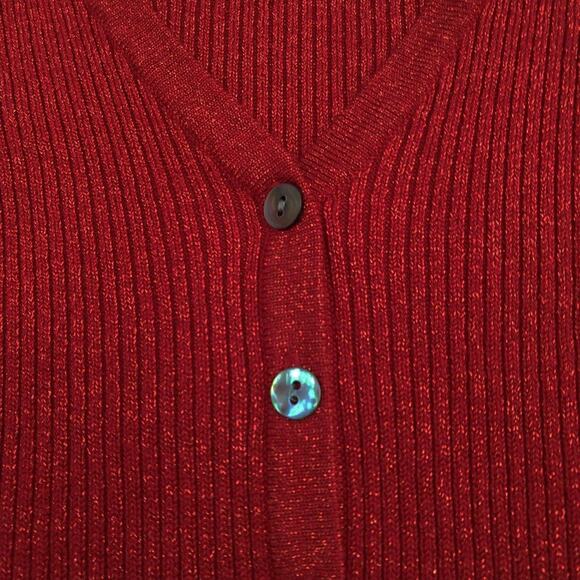 Women's Sparkly Red Cardigan Size Medium V-Neck Long Sleeves Ribbed Worthington - Picture 3 of 5